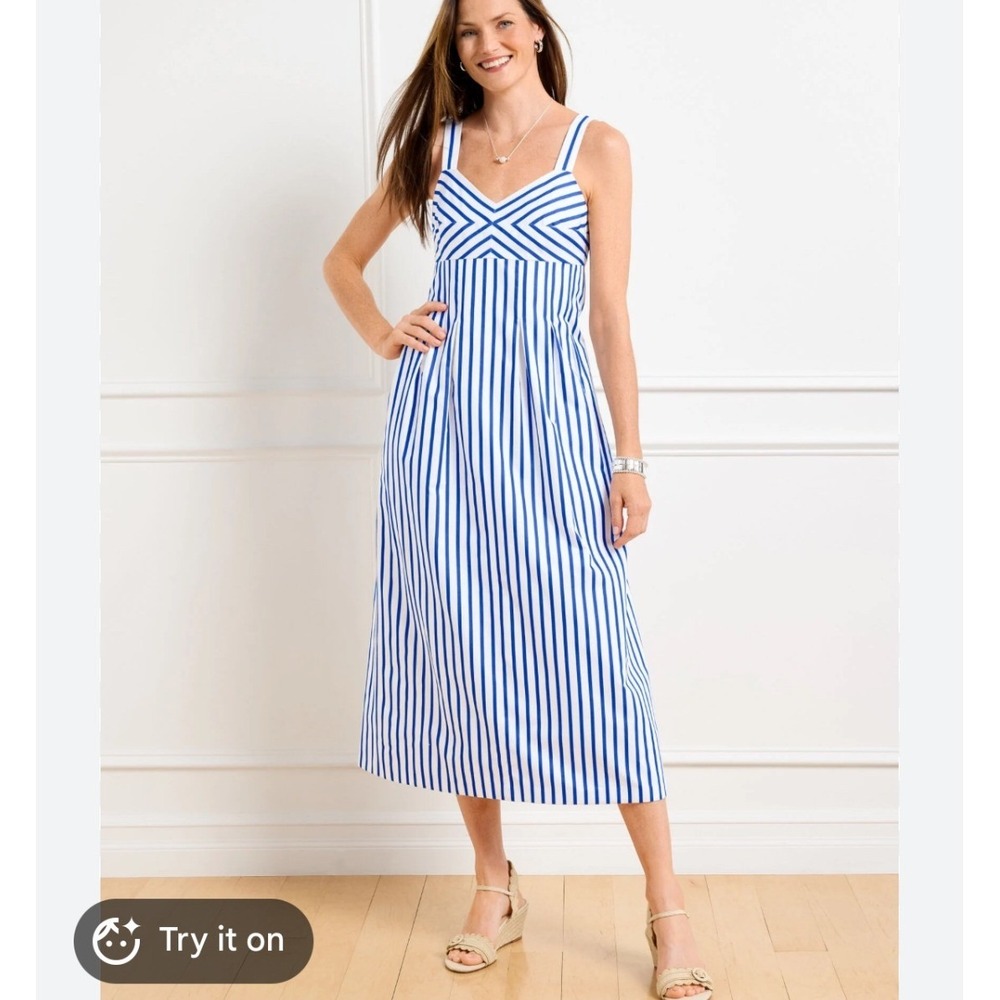 Talbots Blue White Striped Poplin‎ Midi Dress Sz 10 Sleeveless Nautical Preppy